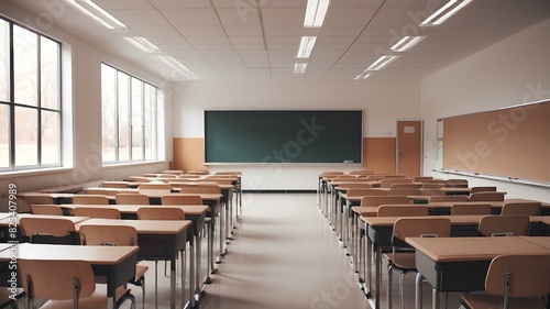 Classic classroom in school interior view. Empty classroom with tables  chairs  boards etc.