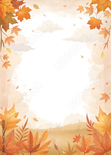 Blank-white note page paper with a very thin  close to the paper edge  autumn theme border  shades of strong white tones. Cartoon-comic style 