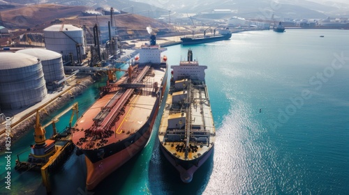 Two large cargo ships are docked at an industrial port with clear blue water and hills in the background. The weather is sunny and bright, highlighting the busy activity of cranes and storage tanks. photo