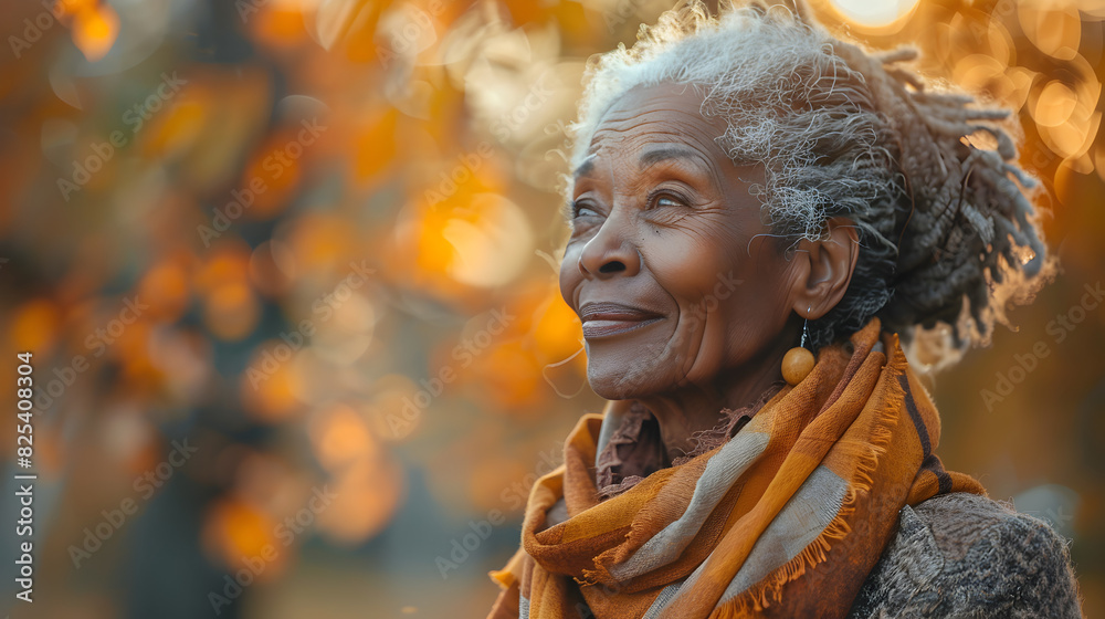 Smiling Elderly Woman with Gray Hair in Autumn Setting Smiling Elderly Woman with Gray Hair in Autumn Setting