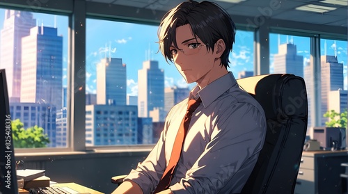 anime A business executive in his office with large windows behind him
