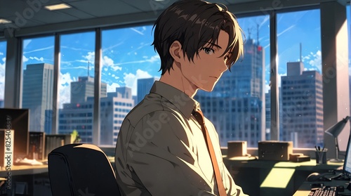 anime A business executive in his office with large windows behind him