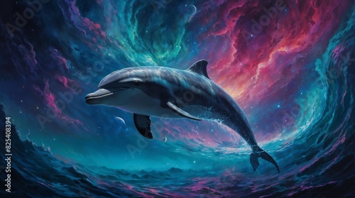 A synthwave idyllic creature emerges from a vibrant haze of neon colors, its sleek and streamlined form glowing with a soft, ethereal light.