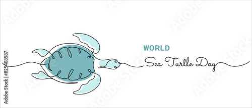World Sea Turtle Day minimal banner. Abstract one line drawing on white background with hand written style text. Vector illustration