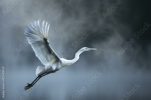 Elegant great egret spreads its wings against a misty backdrop, showcasing its grace midflight photo