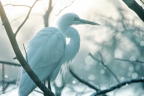 Tranquil great egret stands among misty trees, bathed in soft light photo