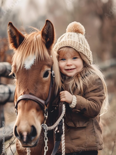 Cute little girl and her older sister enjoying with pony horse outdoors at ranch