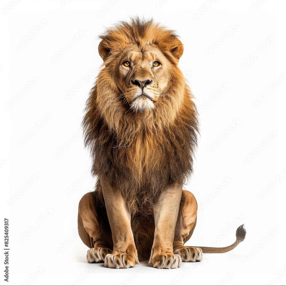 Lion Sitting Down on White Background