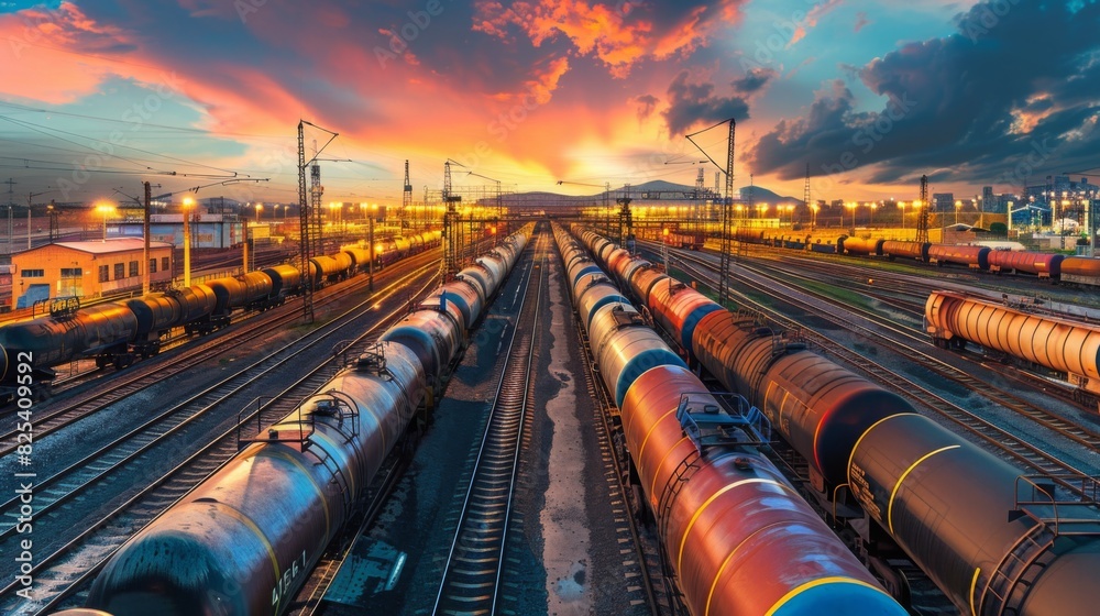 A train yard at sunset with vibrant sky colors. Multiple rail tracks filled with cargo trains in an industrial setting. A train yard at sunset with vibrant sky colors. Multiple rail tracks filled with cargo trains in an industrial setting.