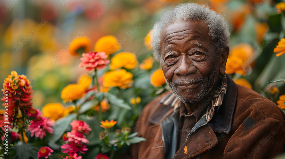 Smiling Elderly Man Standing in a Field of Flowers Smiling Elderly Man Standing in a Field of Flowers