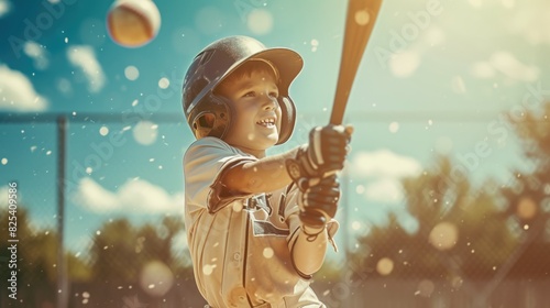 A portrait of elementary student playing baseball at baseball stadium while wearing safety gear. Energetic child holding baseball bat and standing at baseball field with blurring background. AIG42.