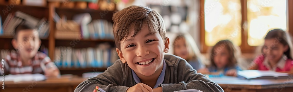 Cheerful young boy with a big smile participating in classroom activities, surrounded by classmates and books. Cheerful young boy with a big smile participating in classroom activities, surrounded by classmates and books.