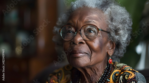 Close-up Portrait of an Elderly African American Woman with Gray Hair and Glasses