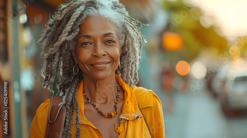 Smiling Woman with Gray Hair Wearing a Yellow Shirt