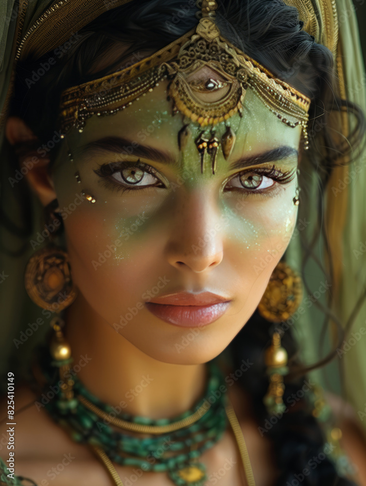 Beautifull woman with a green skin, black hair and an Egyptian dress.generative ai Beautifull woman with a green skin, black hair and an Egyptian dress.generative ai