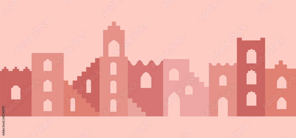 Arabic city wall shape with buildings, windows, archs, stairs. Moroccan style landscape. Simple vector seamless border with houses