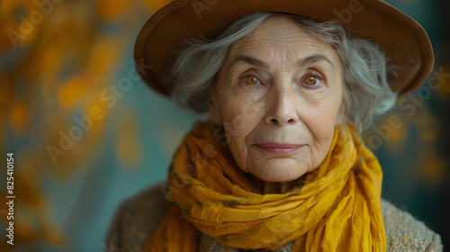 Smiling Elderly Woman Wearing a Yellow Scarf and Hat