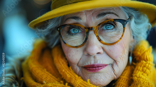 Close-up Portrait of an Elderly Woman Wearing Glasses and a Yellow Hat