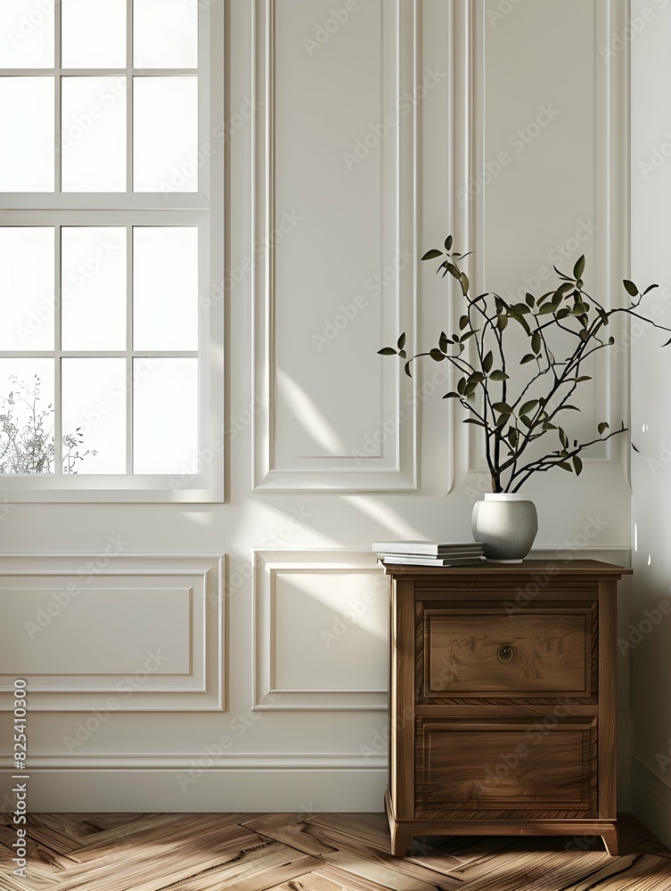 Fototapeta premium Classical chill interior with drawer and decor, window. Mockup frame