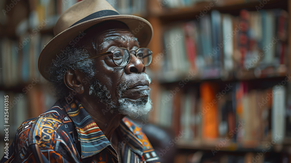 A bronze sculpture of a man in a hat, with a bookshelf in the background A bronze sculpture of a man in a hat, with a bookshelf in the background