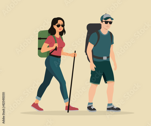 Flat design of a couple characters trekking in mountains and enjoying the outdoor activity together
