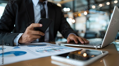 Businessman using mobile phone during working on laptop computer with digital tablet on office desk. Business man, project manager thinking, planning new business project