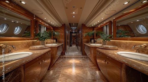 A luxurious restroom in an executive jet, with fine materials and a serene atmosphere