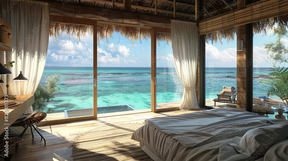 Luxurious hotel room with stunning turquoise ocean views