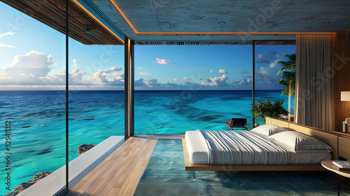 Luxurious hotel room with stunning turquoise ocean views