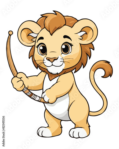 A cute Lion holding a stick cartoon character illustration, Lion cartoon vector for cartoon movies
