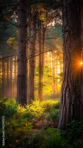 Sunlight Filtering Through Trees in Forest