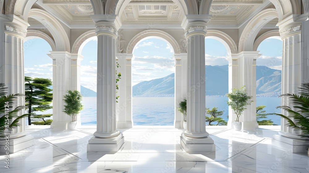 An elegant white marble interior with classical columns, arches, and a mountain view in the distance