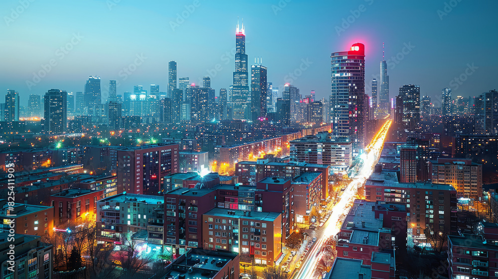 Obraz premium A wide view of the city with many tall buildings at night with spotlights shining on the buildings generative ai