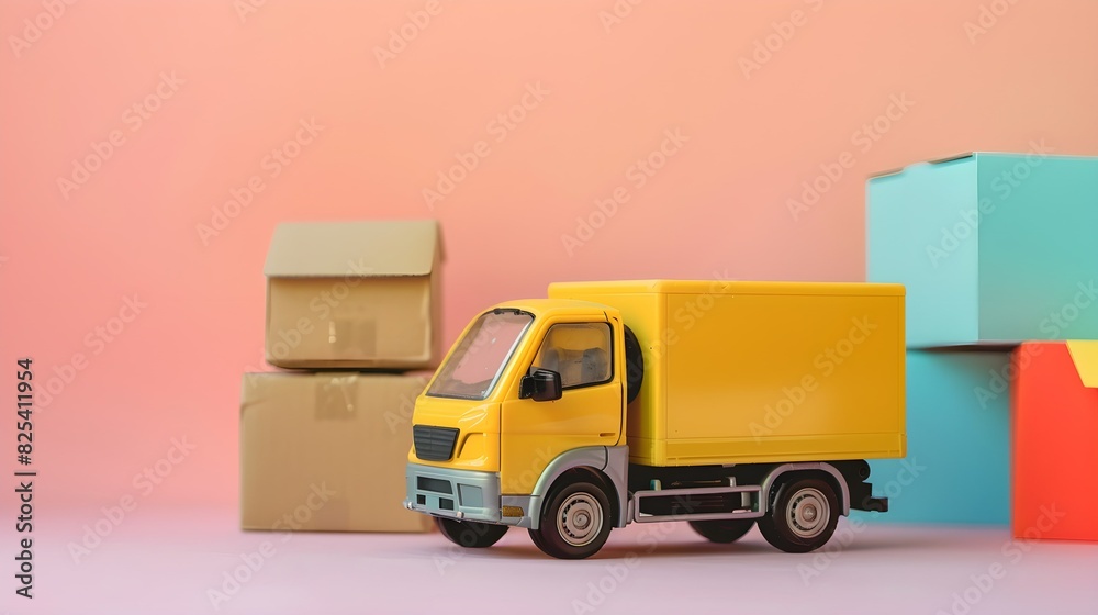 A yellow toy delivery truck next to cardboard boxes, on a pastel background, concept of logistics and moving