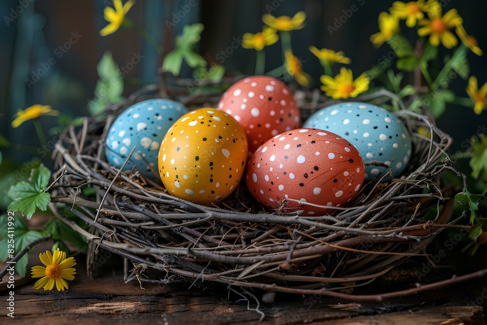 A nest filled with painted eggs sitting on top of a wooden table A nest filled with painted eggs sitting on top of a wooden table