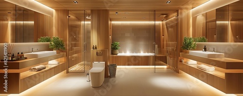 A sophisticated bathroom in a modern hotel, with ecofriendly features and elegant wood accents photo