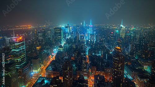 Wallpaper Mural A wide view of the city with many tall buildings at night with spotlights shining on the buildings generative ai Torontodigital.ca