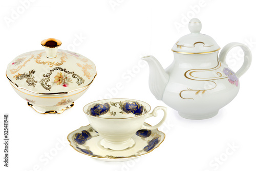 Vintage candy bowl, tea cup and teapot isolated on white. Collage.