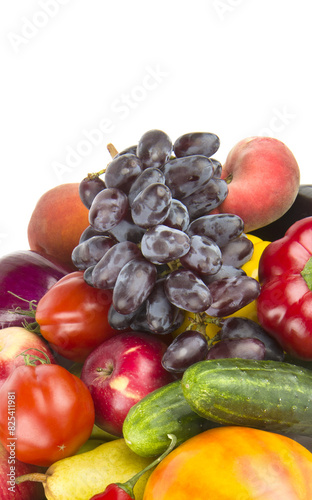 Set of vegetables and fruits isolated on a white. Vertical photo There is free space for text.