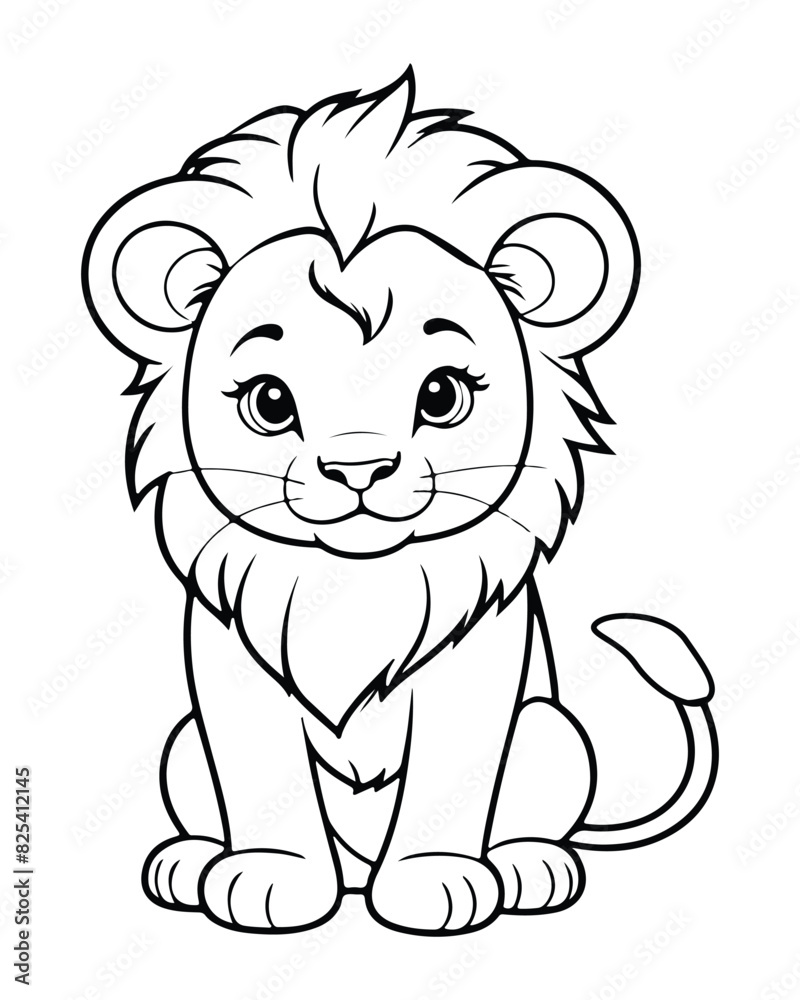 Obraz premium Cute Lion Coloring Pages for kids, Lion cartoon vector, Lion illustration, black and white color.