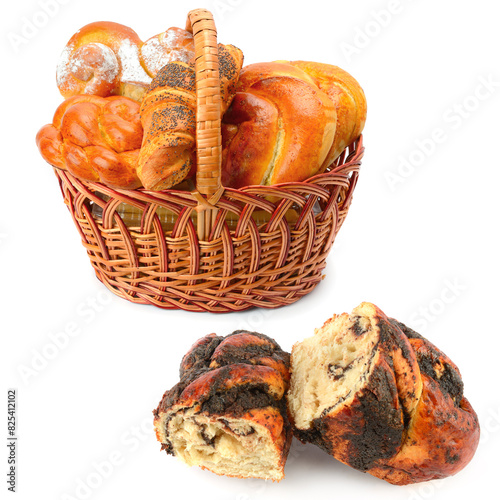 Buns and sweet pastries in a wicker basket isolated on white . Collage. Free space for text.