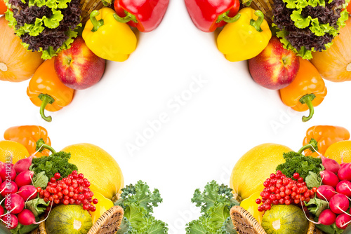 Set of vegetables and fruits isolated on a white . There is free space for text. Collage.