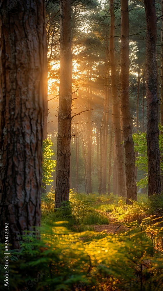 Fototapeta premium Sunlight Filtering Through Trees in Forest