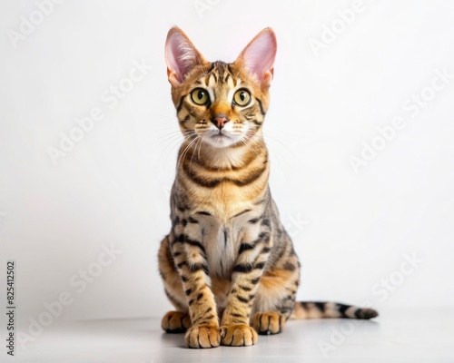 Ocicat breed cat sitting isolated on white background looking at camera.