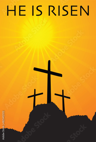 Vector Illustration of three crosses on a mountain for Easter, Resurrection Day.