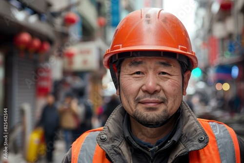 Portrait of a cheerful construction worker wearing a safety helmet on a busy city street