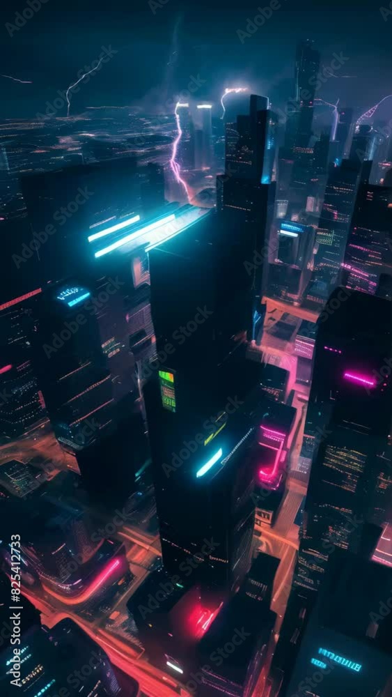 Abstract night city animation, dynamic background with lightning over skyscrapers, seamless VJ loop in cyberpunk style, energetic neon atmosphere, vertical DJ backdrop Abstract night city animation, dynamic background with lightning over skyscrapers, seamless VJ loop in cyberpunk style, energetic neon atmosphere, vertical DJ backdrop