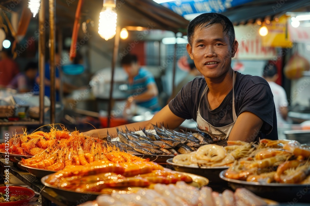 Smiling man showcases a variety of seafood at a bustling night market stall