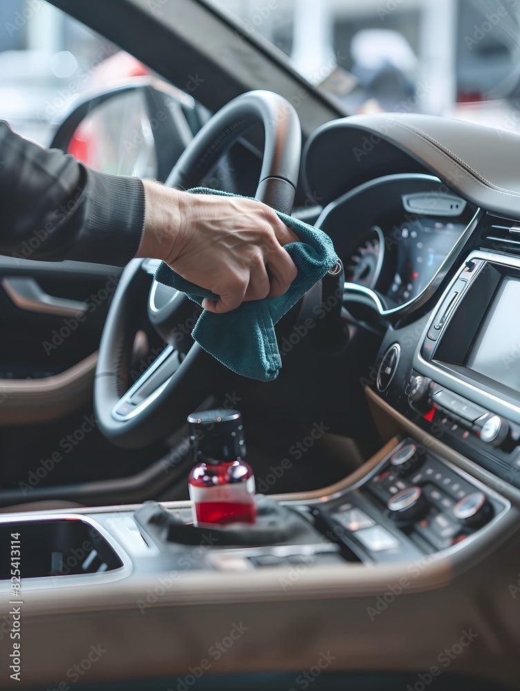 A man cleaning car interior, car detailing (or valeting) concept. Selective focus A man cleaning car interior, car detailing (or valeting) concept. Selective focus