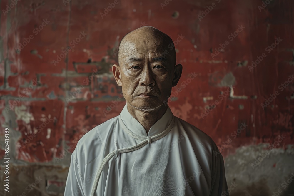 Naklejka premium Serene mature monk in traditional white clothing stands against a textured red wall